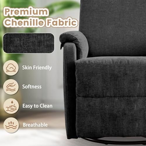 Korser Recliner Chair, Swivel Rocking Recliner Chair for Adults, Glider Rocking Chair, Small Nursery Chair Recliner for Living Room, Reclining Chair with Modern-Designed Armrests, Chenille, Black