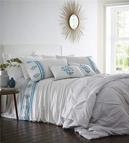 Homemaker Duvet set grey pinstripe & embroidered teal flower bedding quilt & pillow covers (Duvet Set - Superking)