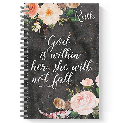 She Will Not Fall Personalized Religious Notebook/Journal, Laminated Soft Cover, 120 College Ruled pages, lay flat wire-o spiral. Size: 5.5" x 8.5". Made in the USA