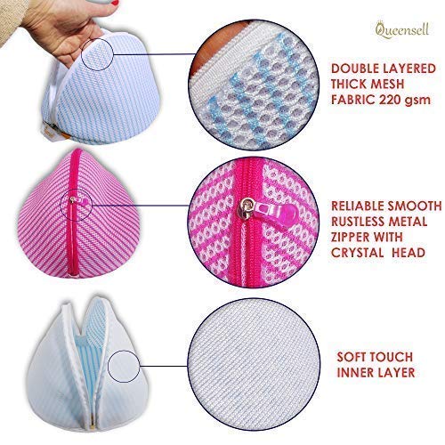 Queensell Large Bra Shell Wash Bag Set of 3 Premium Mesh Laundry Bags for Lingerie and Delicates - Washing Machine and Dryer - Multiple Colors Box