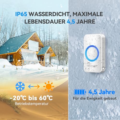 TECKNET Wireless Bell, IP65 Wireless Bell Set, Outdoor Waterproof, Wireless Doorbell 600 m Range, Front Door Bell, 2 Transmitters, 4 Plug-In Receivers, 60 Melodies Doorbell and Bell Push with LED Flash