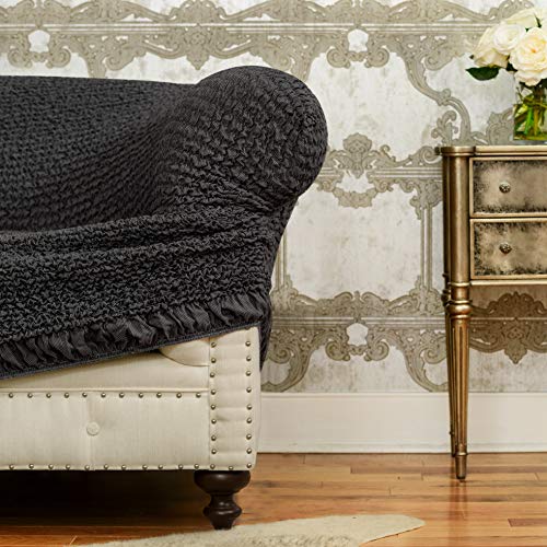 Sectional Sofa Cover - Corner Couch Cover - Corner Slipcover - Cotton Fabric Slipcovers - 1-Piece Form Fit Stretch Furniture Slipcover - Mille Righe Collection - Dark Grey (Corner Sofa)