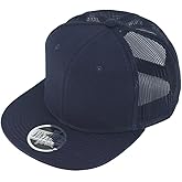 The Vintage Year Solid Cotton Twill Flat Brim Mesh Adjustable Snapback Trucker Baseball Cap (Navy)