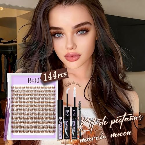 B&Q Pestañas Postizas Kit Completo Marrones Mochalash 01 Extensiones de Pestañas de Racimo Curvatura C de 8-16 mm b&q lashes Completo con Efecto Wispy para Pelo Claro/Oscuro (Set Mochalash 01)