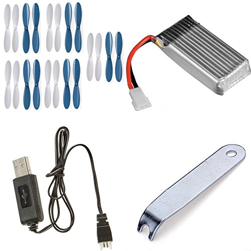 Carson X4 Cam Quadcopter [QTY: 1] Battery 3.7v 380mAh 25c Li-Po RC Part [QTY: 1] Blue White Propeller Blades Props 5x Propellers [QTY: 1] Lipo USB Charger any mAh Auto Shut Off w LED [QTY: 1] Remover