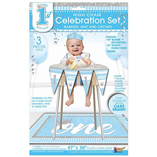 Forum Novelties 1st Birthday Celebration Deluxe Decoration Kit for High Chairs-Party Supplies Banner, Mat and Baby King Crown