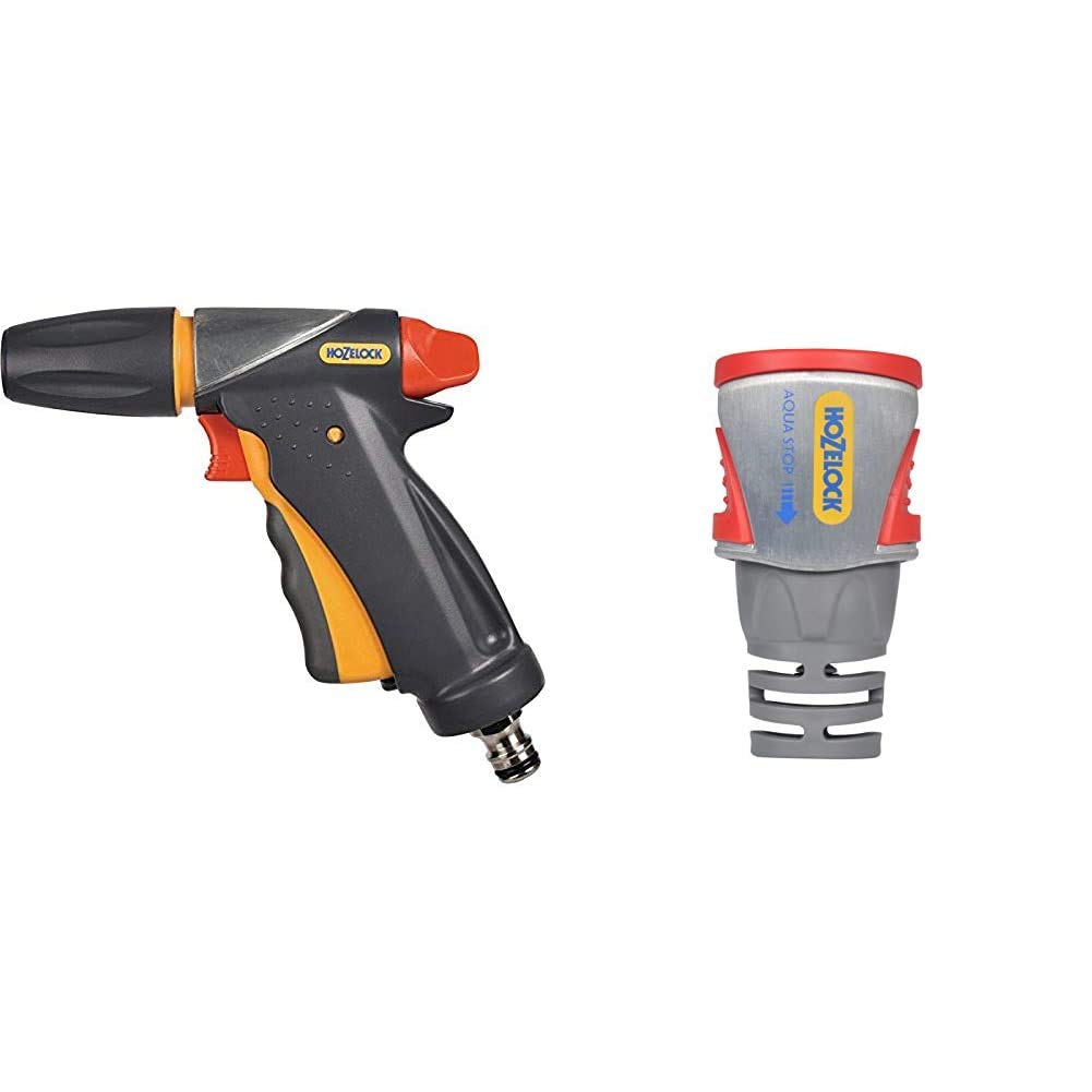 Hozelock Jet Spray Ultramax Gun, Grey/Yellow, 16x10x8 cm & Pro Metal AquaStop Connector (12.5mm & 15mm)