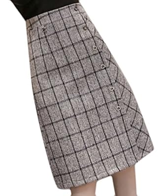 Cruiize Women's Elegant Eyelet Flared High Waist Wool Plaid Midi Skirt