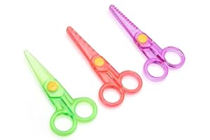 Child-safe Plastic Scissors Set by Kalatic (3 Pack With 3 Different Patterns Straight/Wavy/Zigzag, Rounded-tip, 4.9 Inch) - 4.9’’ Safety Blunt Pre-school Kids Toddler Training Scissors KT-039-A