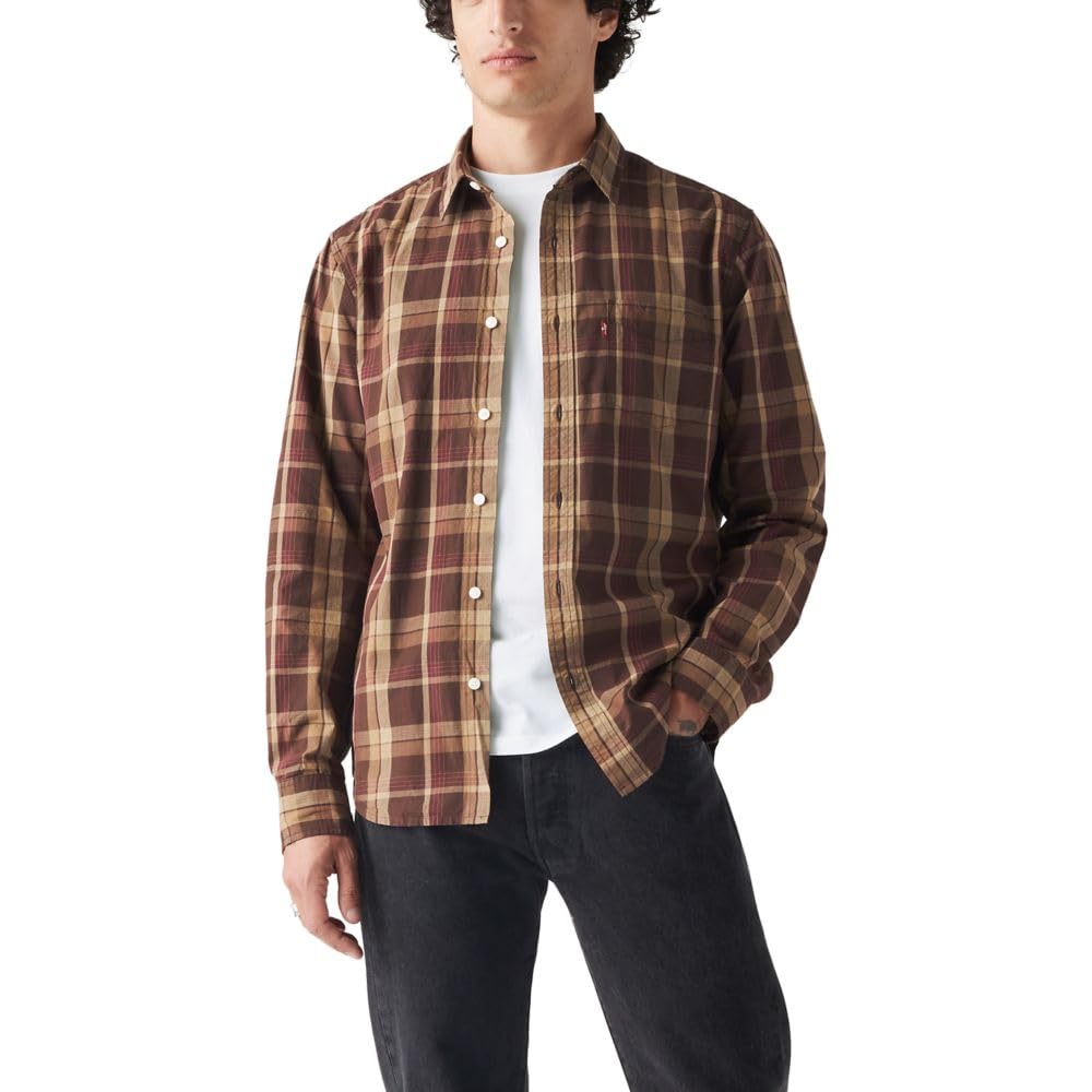 Levi's Men's Classic 1 Pocket Long Sleeve Button Up Shirt, (New) Rider Plaid Chicory Coffee, Small Image