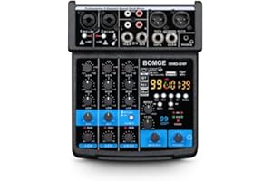 BOMGE 4 Channel mini DJ Audio Sound Mixer Interface with MP3、 USB, Bluetooth, Stereo Recording, 48V Phantom Power, 24 DSP for karaoke, performance, church singing 、 podcas streaming
