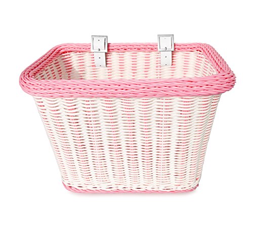 Colorbasket 00689 Rectangular Front Handle Bar Adult Bike Basket, All Weather, Water Resistant, Adjustable Leather Straps, Food-Contact Safe, White with Pink Trim