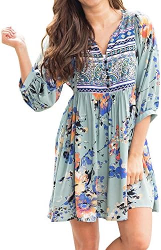 Faisean Womens Chiffon Floral Printed Bohemian 3/4 Bell Sleeve Vintage Mexican Casual Swing Tunic Midi Dress
