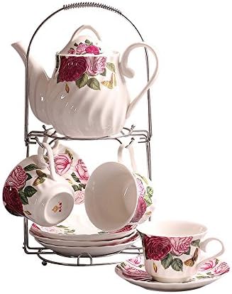 ufengke 9 Piece European Ceramic Tea Set, Bone China Tea Service Coffee Set With Metal Holder, For Wedding And Gift, Red Rose Flower Painting