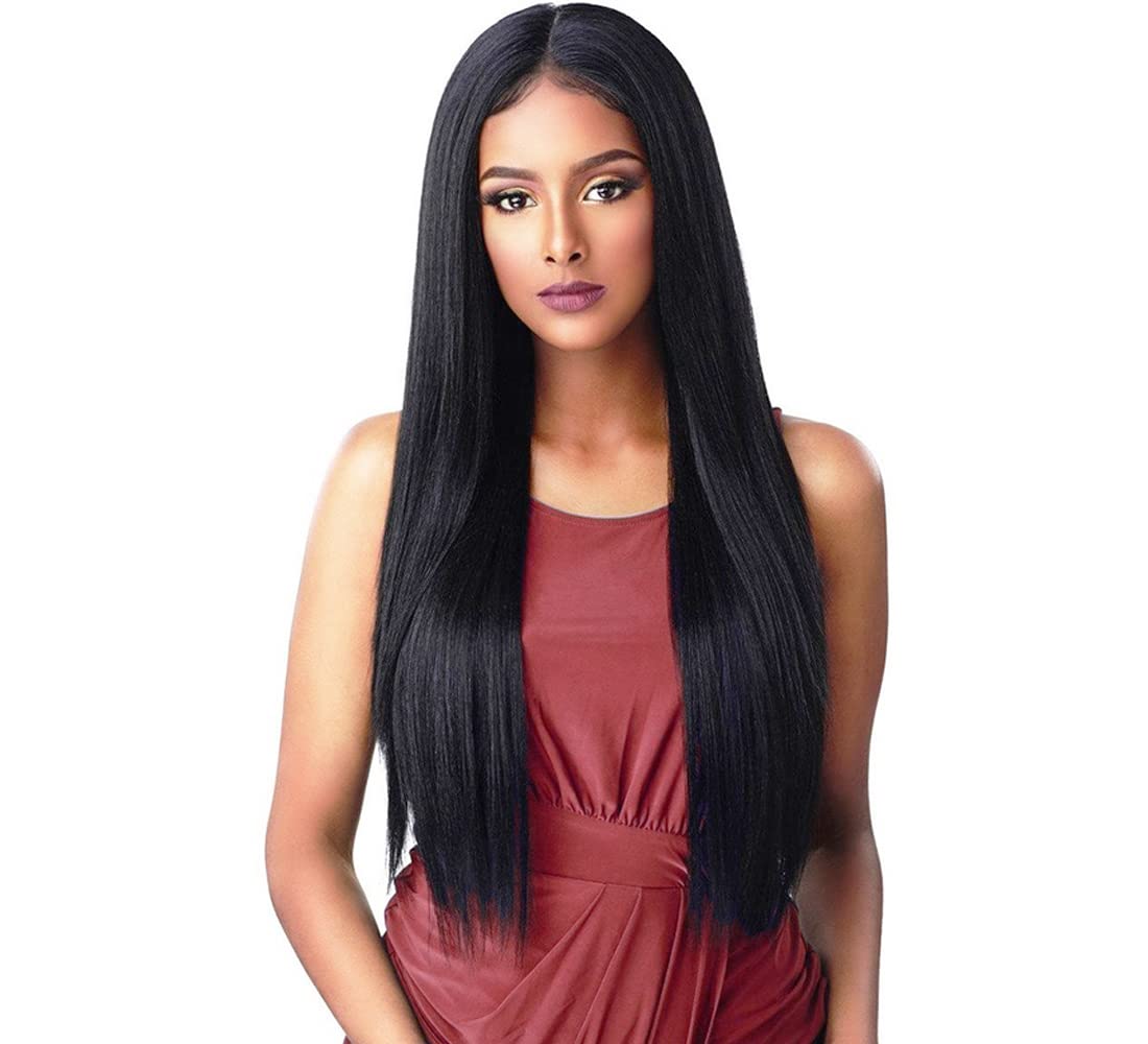Royalfirst Lace Front Wigs Glueless Synthetic Long Silk Straight Natural Black Wig With Baby Hair For Women 24 Inches