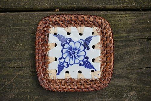 C10 - Square Ceramic Coaster with hand painting blue flower and brown rattan frame