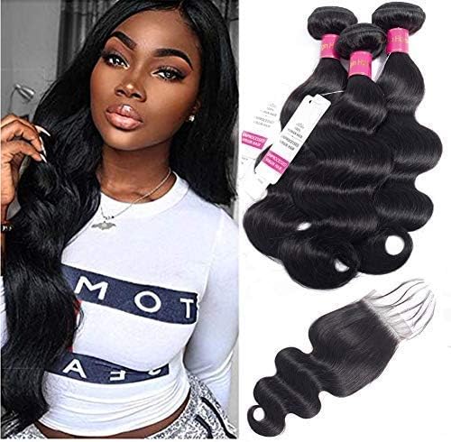 Unprocessed Virgin Brazilian Hair Brazilian Human Hair Body Wave Bundles With Closure 9a 100% Unprocessed Virgin Hair Natural Black Color (20"22"24"+18"Closure)