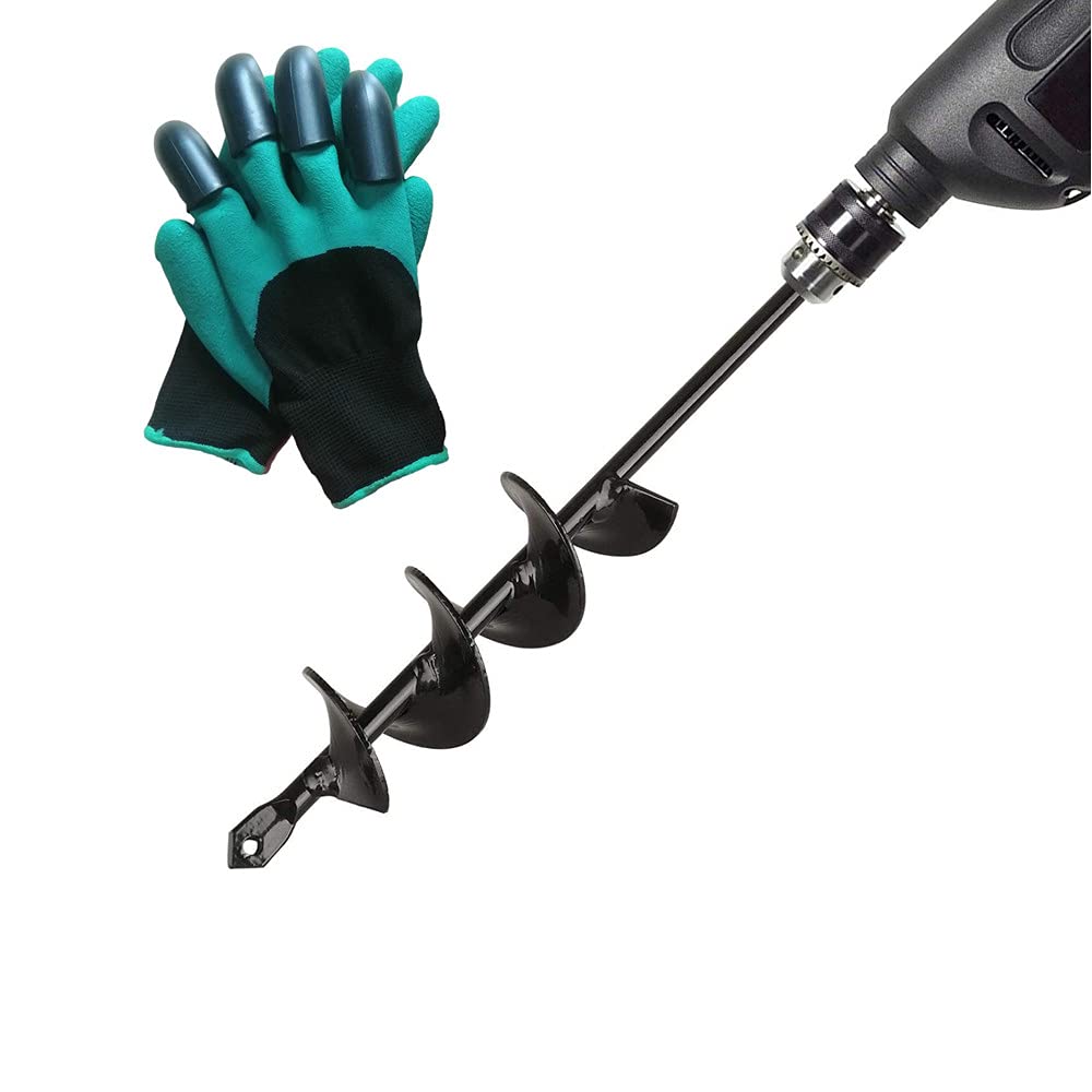 Earth Auger Drill Bit with Garden Gloves for Rapid Planter Seedlings Flower Bulbs