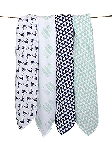 Bacati Noah Tribal Buck/Feathers/Triangles 4 Piece Cotton Muslin Swaddling Blankets, Aqua