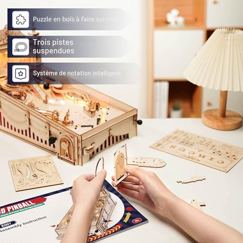 ROBOTIME Wooden Puzzle 3D Pinball, Mechanical Wooden Model Build for Adults and Teenagers, Pinball Christmas and Birthday Gifts