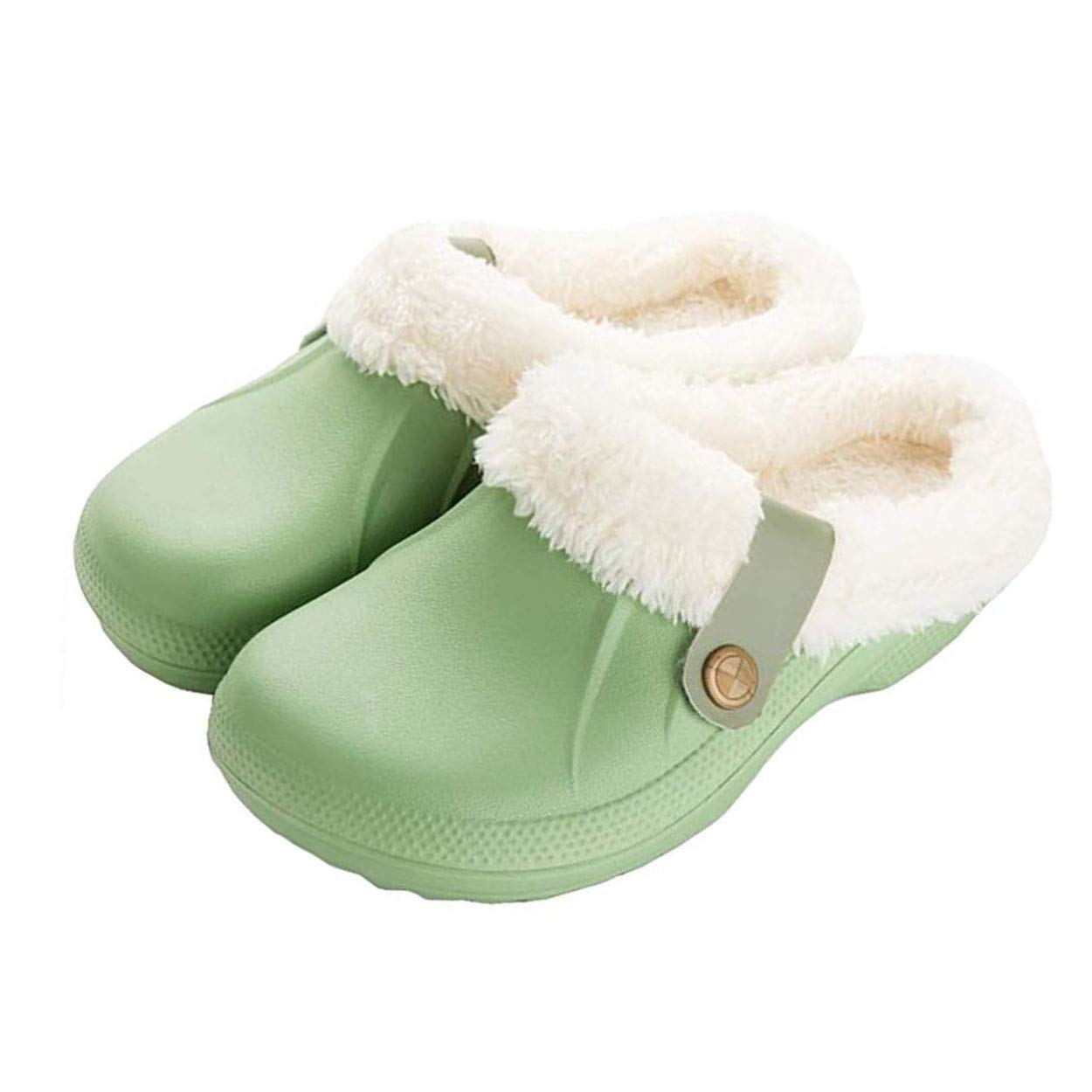 SoonerQuicker Womens Slippers Mens Garden Clogs Waterproof Furry Wide Fit Slippers Home Warm Indoor Outdoor Mules Gardening Shoes (3.5/4 UK, A Green)