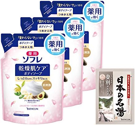 (Amazon.co.jp Exclusive) Medicated Sofre Skin Care Body Soap, Dry Skin Care Body Soap, Fluffy Floral Scent, Refill, 14.1 oz (400 g) x 3 Packs + 1 Japanese Famous Hot Water