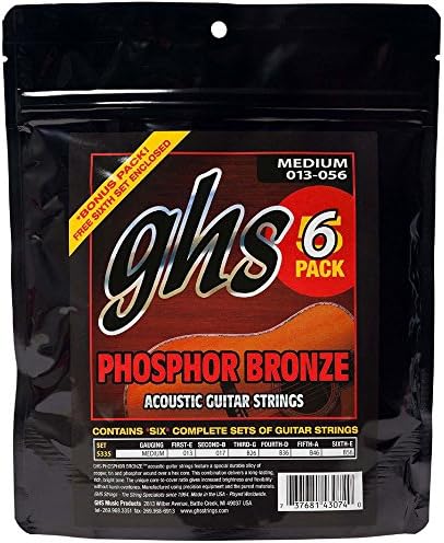 GHS StringsS335-5 Phosphor Bronze Acoustic Guitar Strings, Medium (13-56), Pack of 6