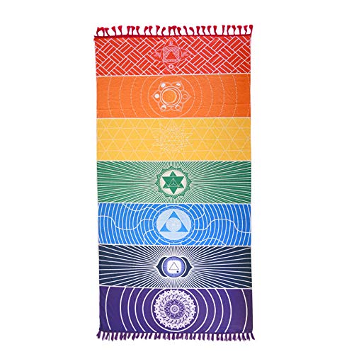 Simpkeely Chakra Tapestry, Cotton Rainbow Meditation Yoga Mat, Colorful Bohemian Hippy Chakras Shawl Tassel Striped Beach Towel - 59\