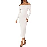 Simlakey Women's Off Shoulder Bodycon Sweater Dress Long Sleeve Fall Maxi Dress Elegant Cocktail Party Long Dresses