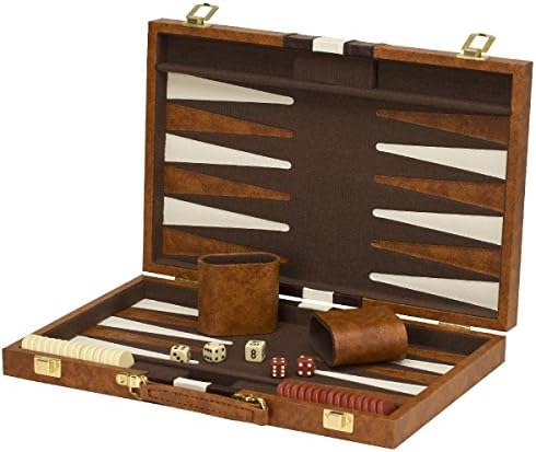 15"x19" Backgammon Set Brown White Faux Leather Portable Travel Folding Case NEW