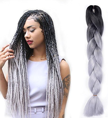 Jumbo Braid Hair Extensions 5 Pieces Kanekalon Synthetic Fiber Hair Two-tone Color for Box Braid (Black-Silver Gray)