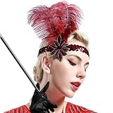 BABEYOND 1920s Flapper Headband Roaring 20s Sequined Showgirl Headpiece Great Gatsby Headband with Red Feather