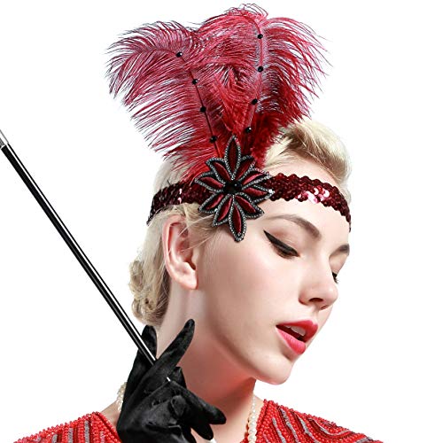 BABEYOND 1920s Flapper Headband Roaring 20s Sequined Showgirl Headpiece Great Gatsby Headband with Red Feather