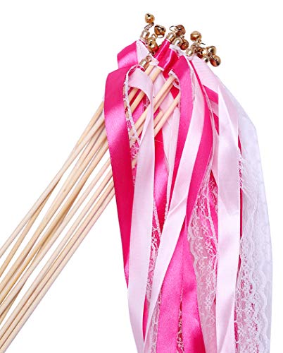Wishprom 30pcs Lace Ribbon Wands Christmas Birthday Party Streamers Wands Fairy Stick for Wedding Activities (Pink+Lace) - Thumbnail 6