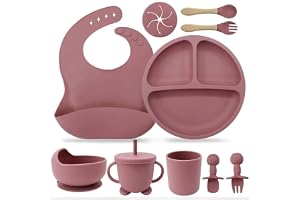 Kit Introdução Alimentar Bebê 8 Peças Prato + Bowl Babador Copo + Tampa com Canudo + 2 Talheres + 2 Talheres Ponta Silicone Cabo de Madeira 100% Silicone Antitóxico Premium (Rosa Rubi)
