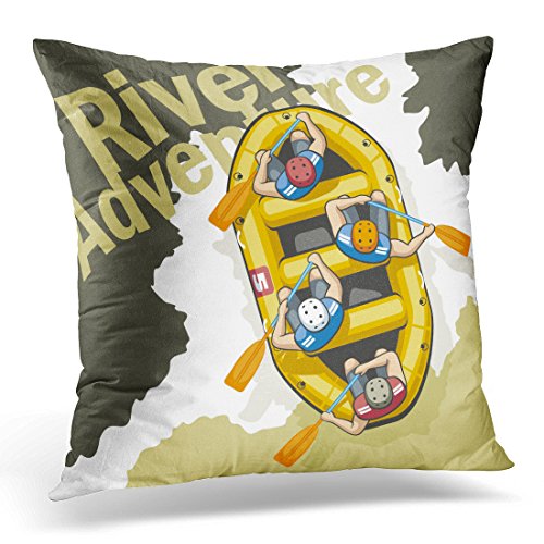 Sdamas Decorative Pillow Cover Rough Mountain River in Yellow Inflatable Boat Rafting Sit Four Men Helmets and Life Jackets People Throw Pillow Case Square Home Decor Pillowcase 16x16 Inches