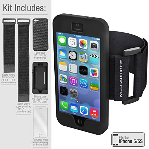 Mediabridge Armband Value Pack for iPhone SE/5S/5 - 1 Slim Shell Case (Black), 1 Silicone Case, 1 Premium Glass Screen Protector &amp; 2 Elastic Velcro Straps For Upper/Forearms (Part# AB2-I5-BLACK )