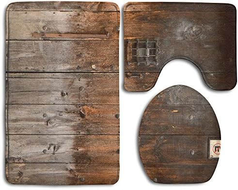 HHTLKNROOM Rustic Country Wood Style Rustic Country Barn Wood Door Set Non-Slip Bathroom Mat Set Lid Toilet Cover Pedestal Rug.