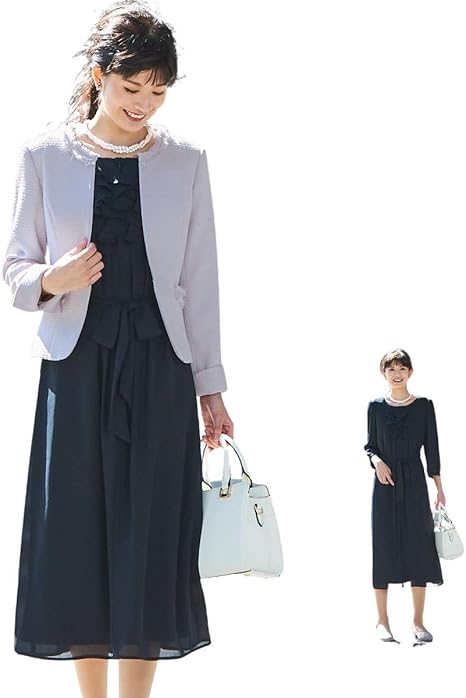 Amazon Nissen ニッセン スカートスーツ 七分袖 お洒落に体型カバー 着脱楽々前開きロング丈ワンピースアンサンブル 入園 入学 卒園 卒業 グレイッシュピンク 黒 S レディース ワンピース チュニック 通販