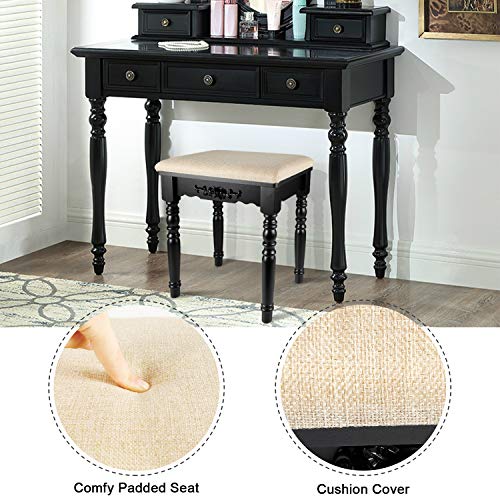 URFORESTIC Vanity Stool, Modern Makeup Dressing Stool with Concave Seat Surface, Padded Bench with Rubberwood Legs, Capacity 286lb, Easy Assembly (Black) - Thumbnail 5