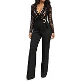 CHICME Womens Floral Lace Jumpsuit 2026 Deep V-Neck Casual Long Sleeve Ovearalls with Belt Pant Side Pockets