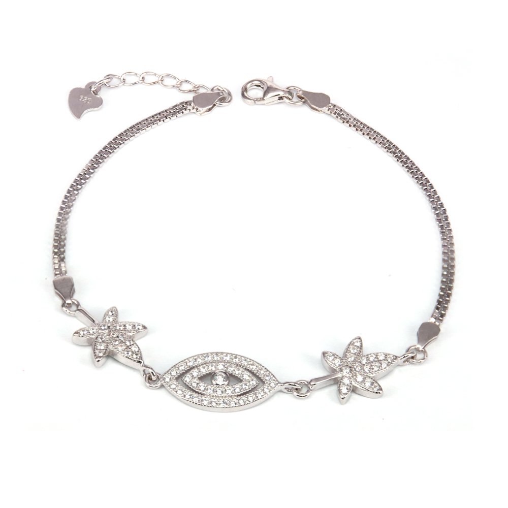 BiBeary Women elegant 925 Sterling Silver Zirconia Chain Maple Leaf Eye Shaped Bracelet