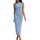 DRESSTELLS Women's Formal Wedding Guest One Shoulder Mesh Ruched Bodycon Cocktail Party Slit Maxi Dresses