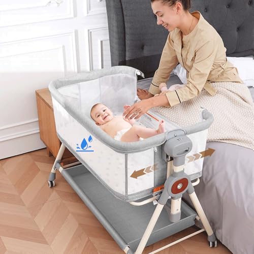 Baby Bassinet, Rocking Bassinet with Waterproof Sheets, Grey | 3 in 1 Baby Bassinets Bedside Sleeper 6 Height Adjustable Bedside Bassinet for Newborn