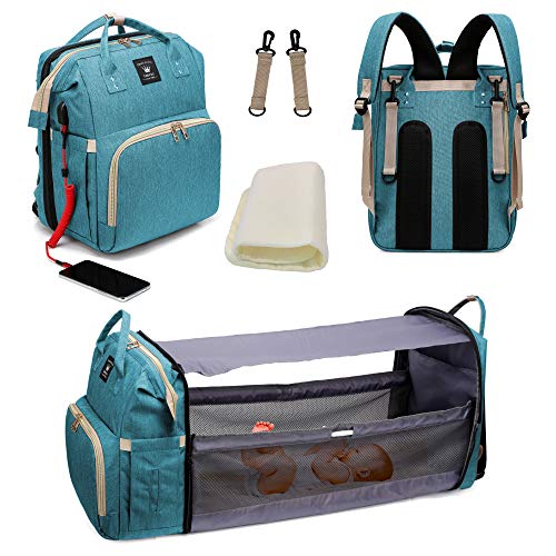 Diaper Bag Backpack with Foldable Crib, Detachable Bassinet, Nappy
