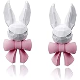 Bunny Rabbit Stud Earrings with Pink Bow, 925 Sterling Silver Needle, Designer-Inspired Jewelry Gift for Women
