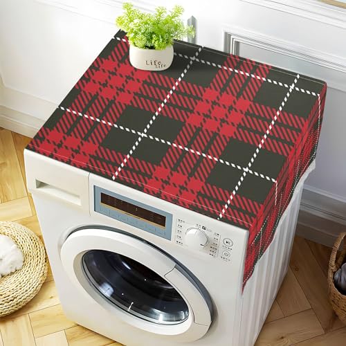 Christmas Red Tartan Plaid Laundry Machine Cover Dryer Top Covers Anti-Slip Fridge Dust Cover, Roller Washing Machine Top Cover Load With 4 Storage Bags