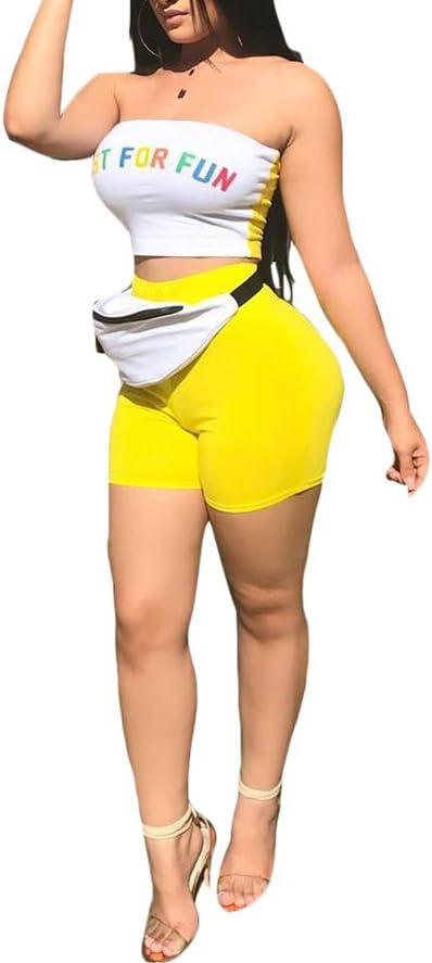 Women's Sexy Patchwork 2 Piece Outfit Letter Print Off Shoulder Crop Top Shorts Set Tracksuits Jumpsuits