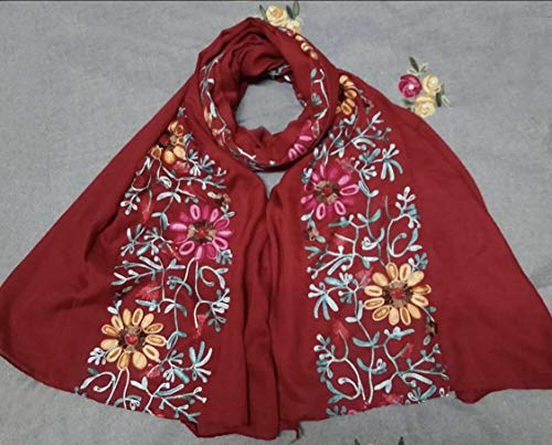 LuluVin Women's Scarf Cotton Embroidered Lightweight Shawl Wrap (Red)