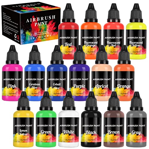 Airbrush Paint, PINJAT 16 Colors Airbrush Paint Set (30ml/1oz), Opaque